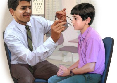 Illustration of young boy having glasses fitted at optician's